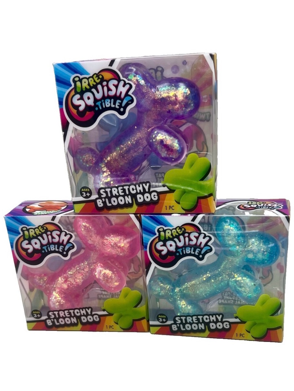 JA-RU Irre•Squish•tible Stretchy B’LOON DOG Set Of 3 Purple Pink Blue Glitter💜🩷🩵